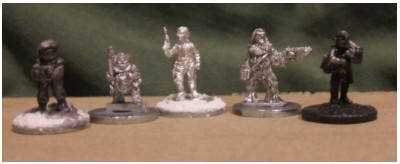 L to R: GZG Islamic Federation Trooper; GEM Tolero; GZG Adventurer; GEM Yeti with crossbow/bowcaster; Peter Pig Company Wars Trooper