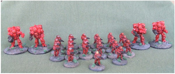 Full Kamperalian section with Squad support Battlesuits. Battlesuits by GZG, infantry by Rebel Minis